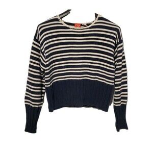 Liz Claiborne Co Cropped Navy Blue White Striped Sweater Coastal Fisherman Med
